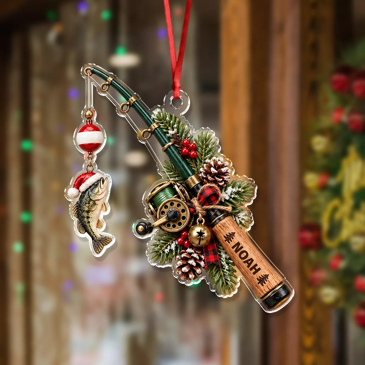 Custom Catch Personalized Fishing Rod Acrylic Ornament - Christmas Keepsake Gift for Fishers