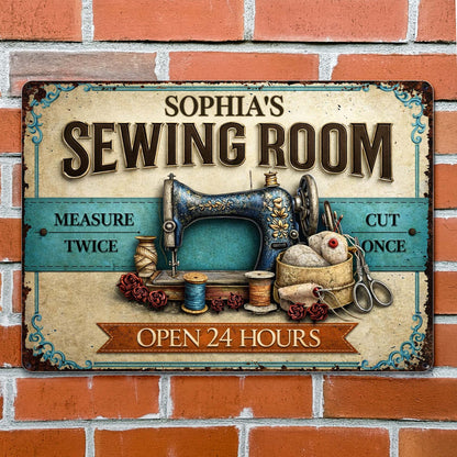 Custom Sewing Room Vintage Metal Sign personalization view for Mom