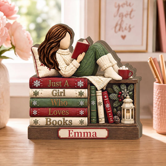 "Just A Girl Who Loves Books" Personalized Wooden Block - Custom Gift for Book Lovers