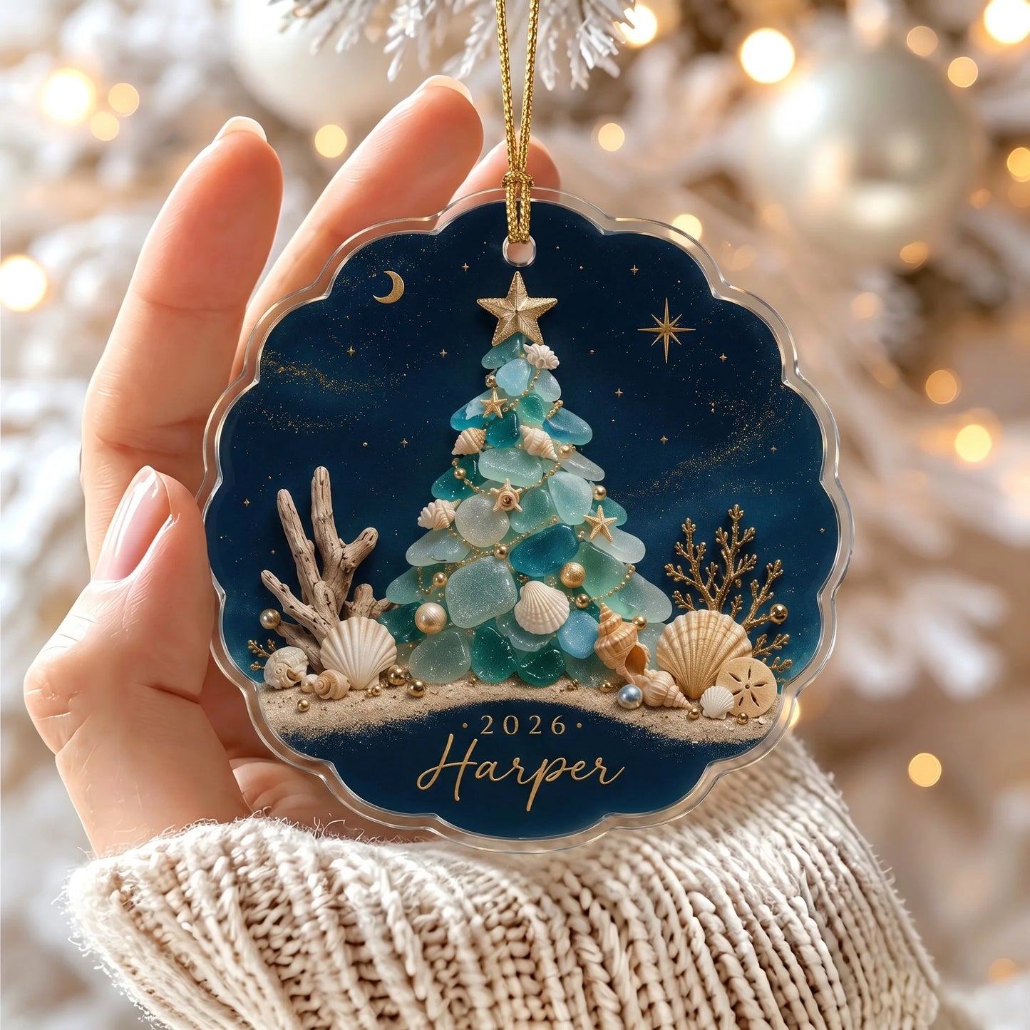 Personalized Sea Glass Christmas Tree Acrylic Ornament - Custom Beach Holiday Keepsake