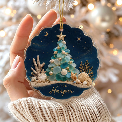 Personalized Sea Glass Christmas Tree Acrylic Ornament - Custom Beach Holiday Keepsake
