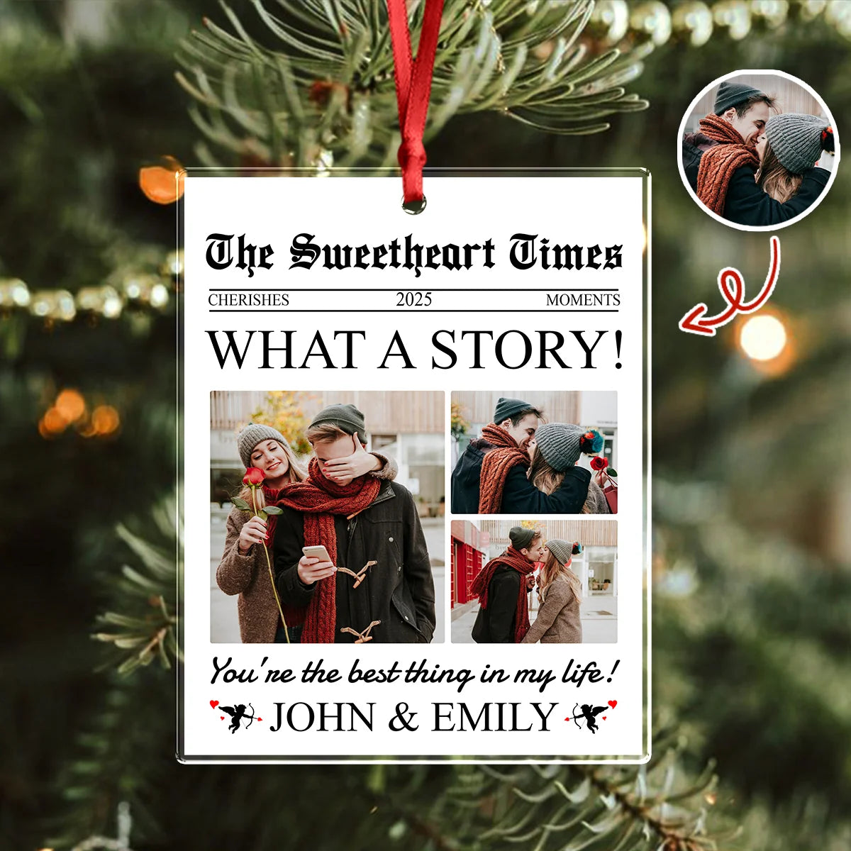 "The Sweetheart Times" Personalized Acrylic Ornament - Custom Couple Photo Christmas Keepsake