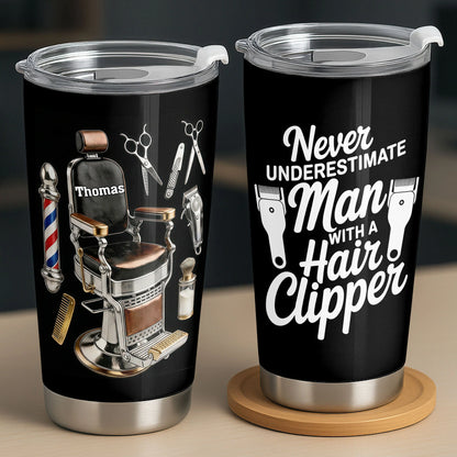 Personalized barber tumbler with vintage barber chair tools design and hair clipper quote gift for men