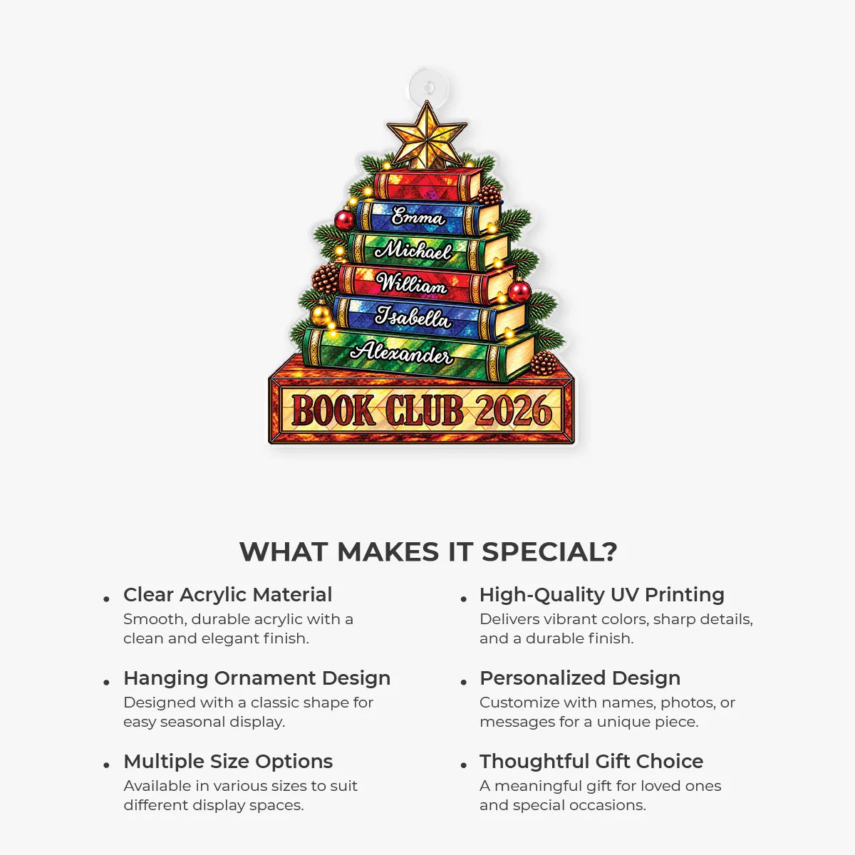 Book Club Christmas Tree Acrylic Ornament - Personalized Reader Gift for Friends