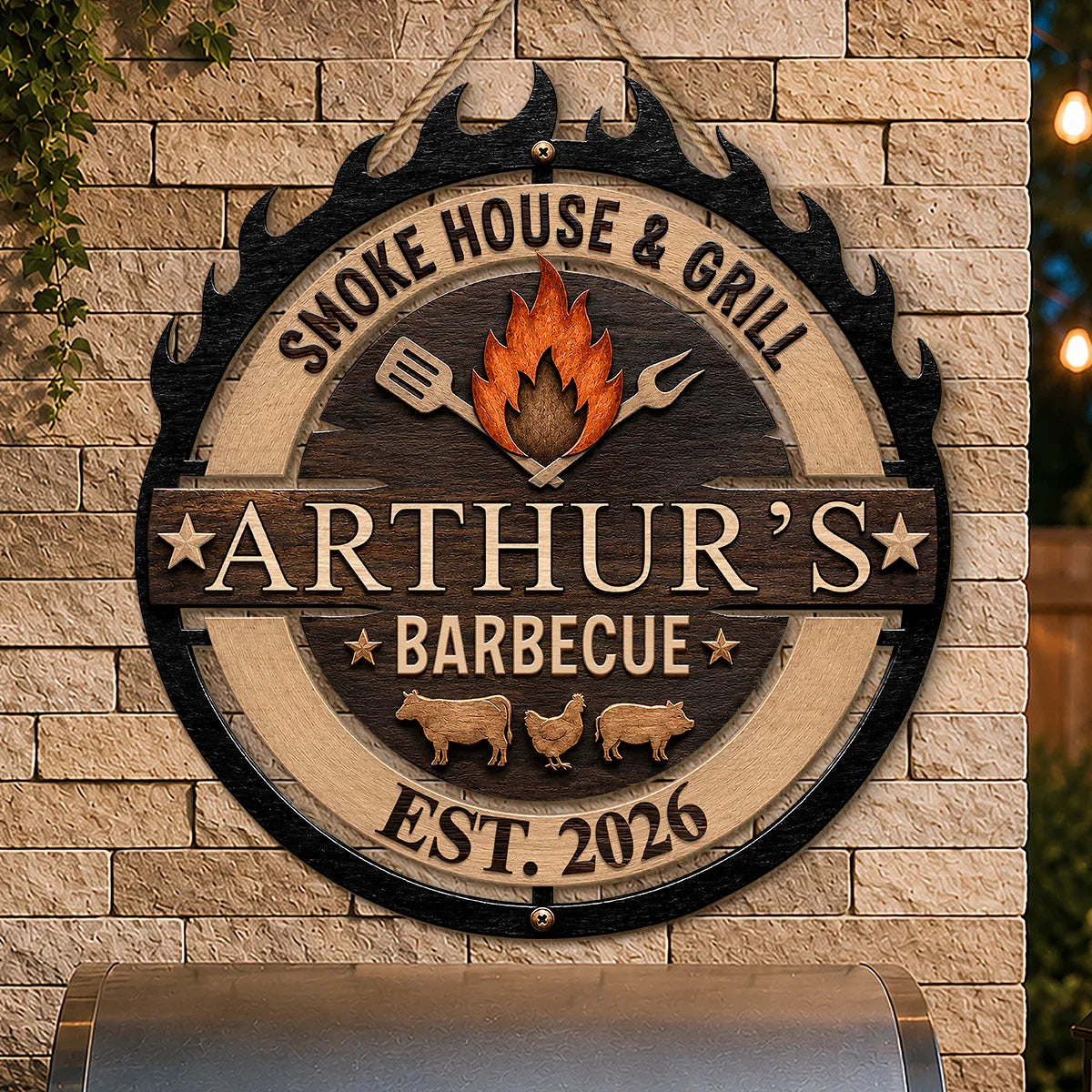 "Bar & Grill" Personalized BBQ Wood Sign - Custom Grill Master Wall Decor Gift