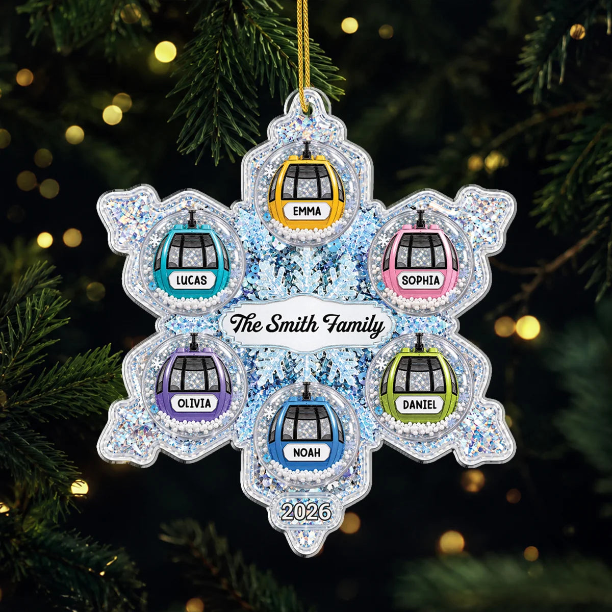 Custom Ski Gondola Snowflake Acrylic Ornament - Personalized Family Name Christmas Keepsake Gift