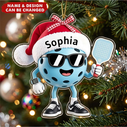 Cool Santa Ball – Personalized Acrylic Ornament for Pickleball Players, Holiday Tree Keepsake