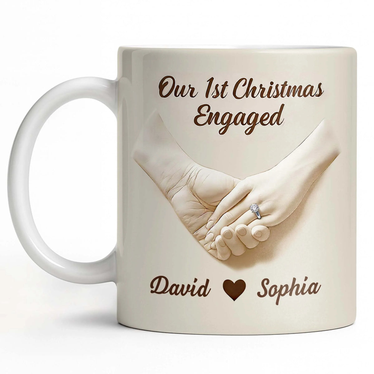 "Our 1st Christmas Engaged" Personalized Couple Mug - Custom Engagement Ring Ceramic Coffee Cup