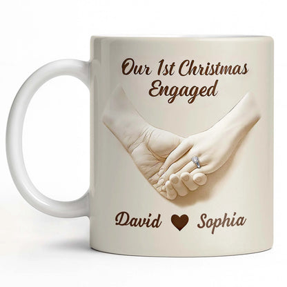 "Our 1st Christmas Engaged" Personalized Couple Mug - Custom Engagement Ring Ceramic Coffee Cup
