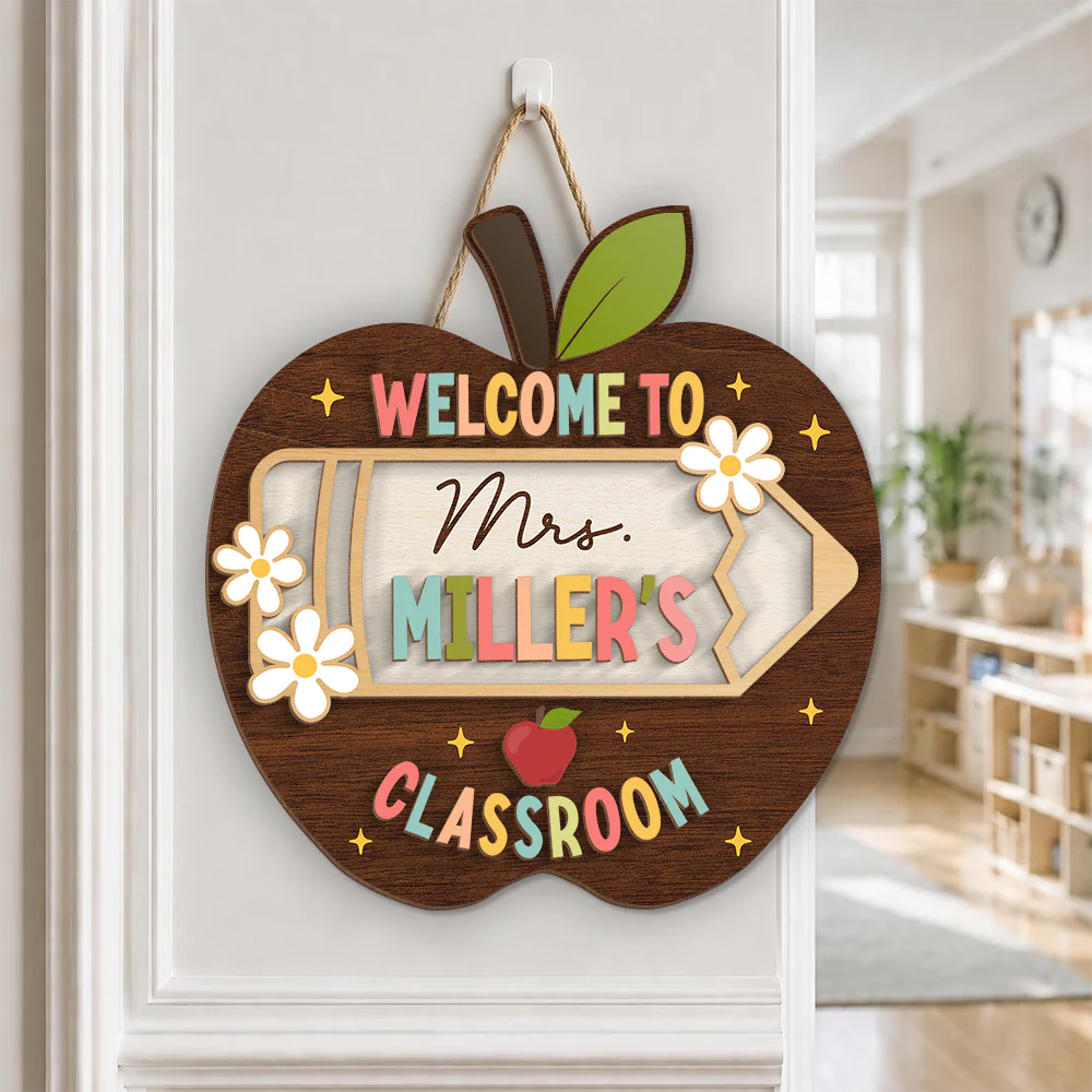 Wood Sign material and size view - Personalized Teacher Classroom Door Sign