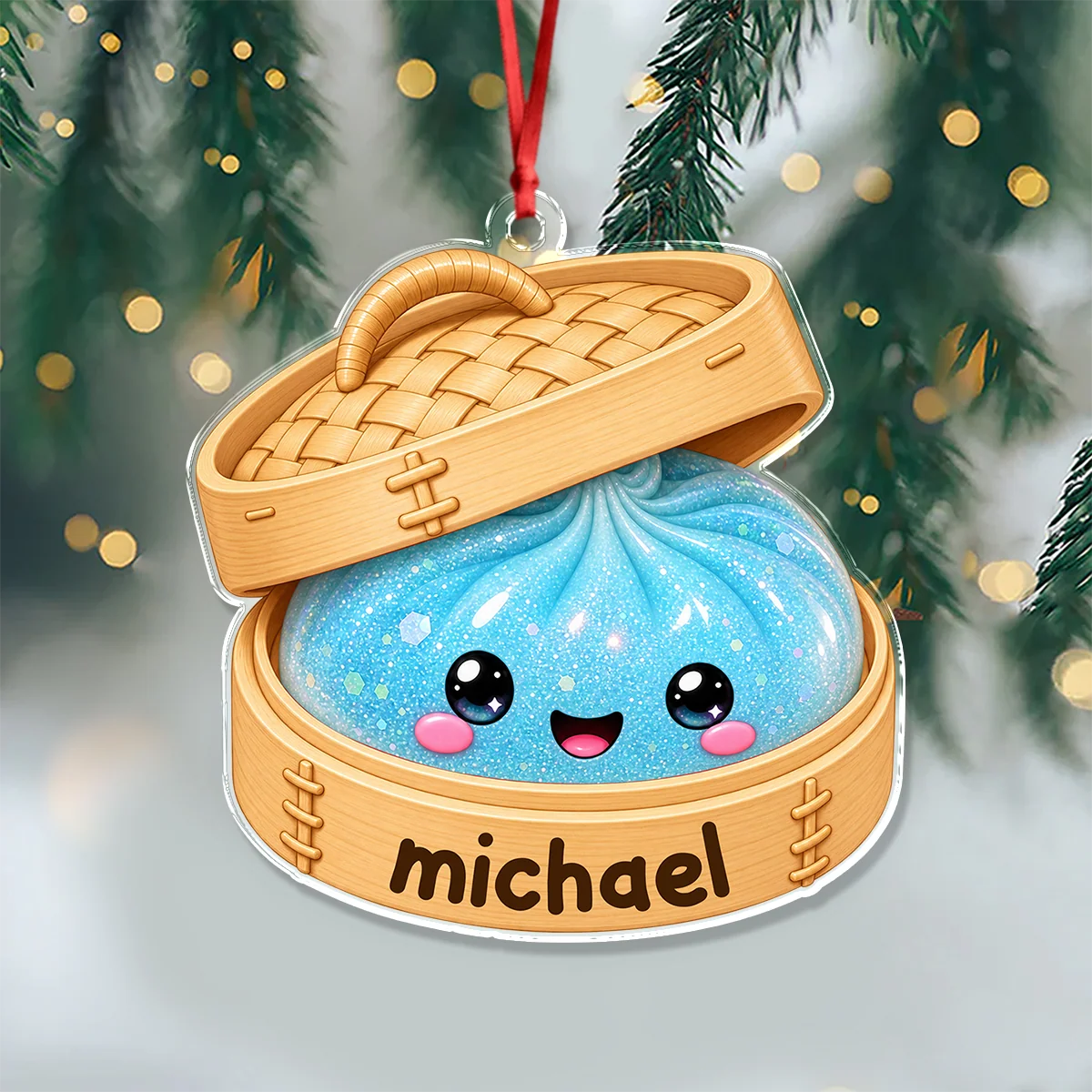 Personalized Dim Sum Steamer Christmas Ornament - Custom Name Acrylic Keepsake Gift for Foodies