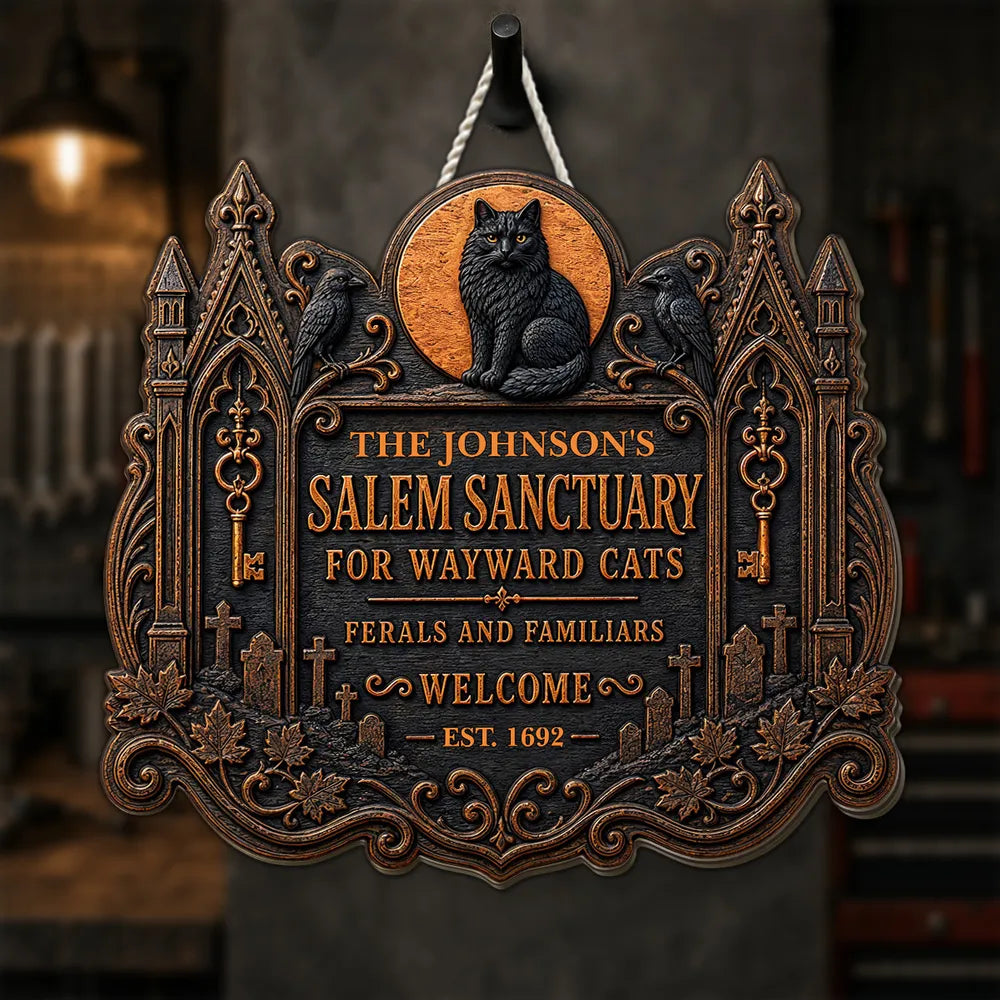 Salem Sanctuary For Wayward Cats Personalized Wood Sign - Custom Black Cat Halloween Gift