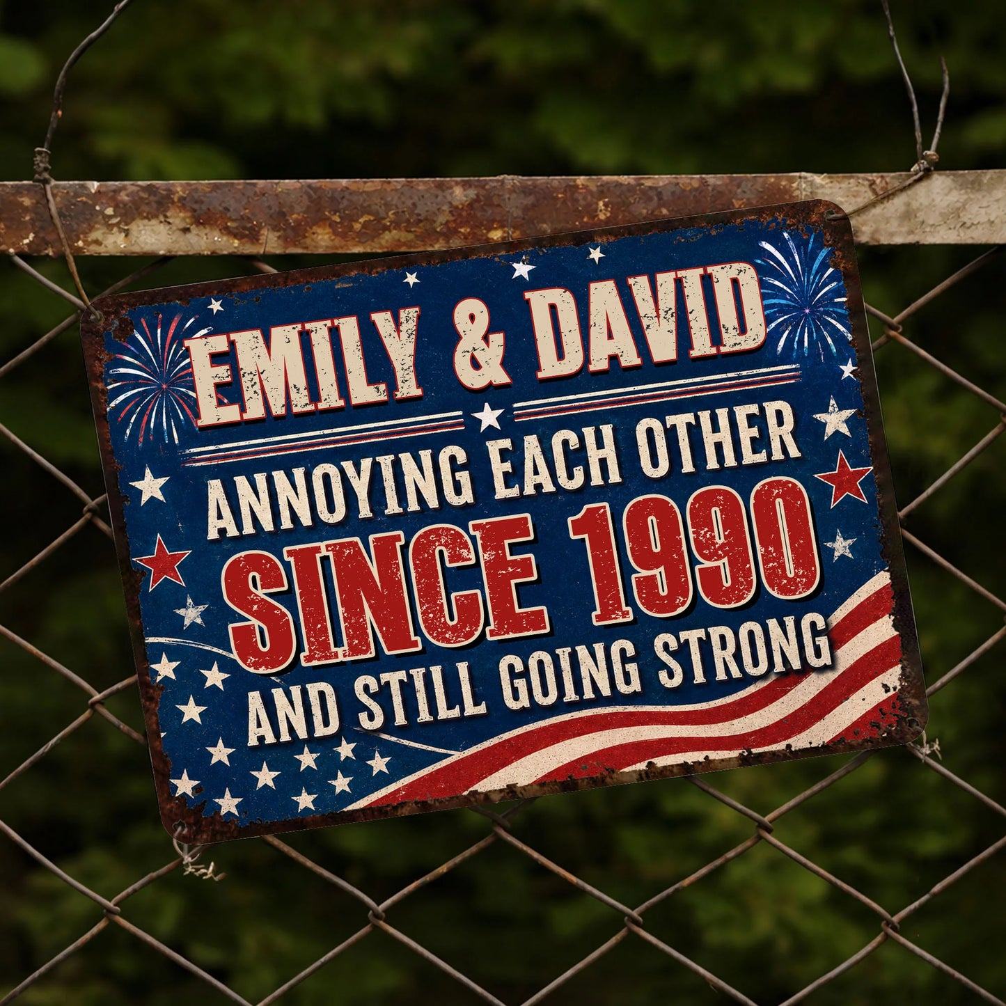 Custom annoying each other since personalized metal sign featuring an American flag background and custom names image 6