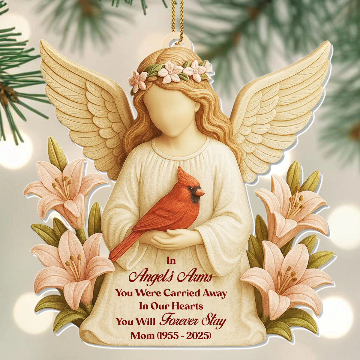 "In Angel's Arms You Were Carried Away" Personalized Acrylic Memorial Ornament - Christmas Sympathy Gift for Family