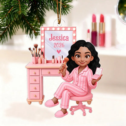Personalized Pink Makeup Acrylic Ornament - Custom Vanity Christmas Gift for Daughter & Granddaughter