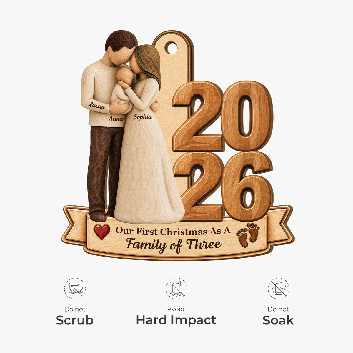 "Our First Christmas As Family Of Three" Custom Wooden Ornament - Personalized Gift for New Parents