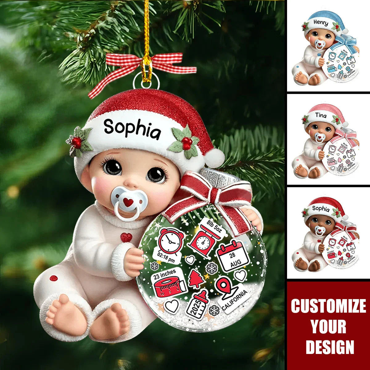 Baby’s First Christmas Personalized Birth Stats Acrylic Ornament - Custom Gift for New Mom