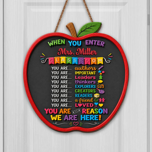 Personalized teacher wood sign with custom classroom rules print in apple shape for teachers
