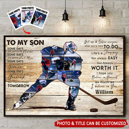 Custom hockey player photo collage canvas with personalized text, a unique ice hockey gift for sports fans.