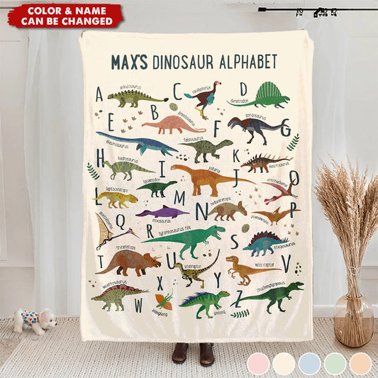 Personalized dinosaur alphabet blanket with custom name for kids and baby nursery gift