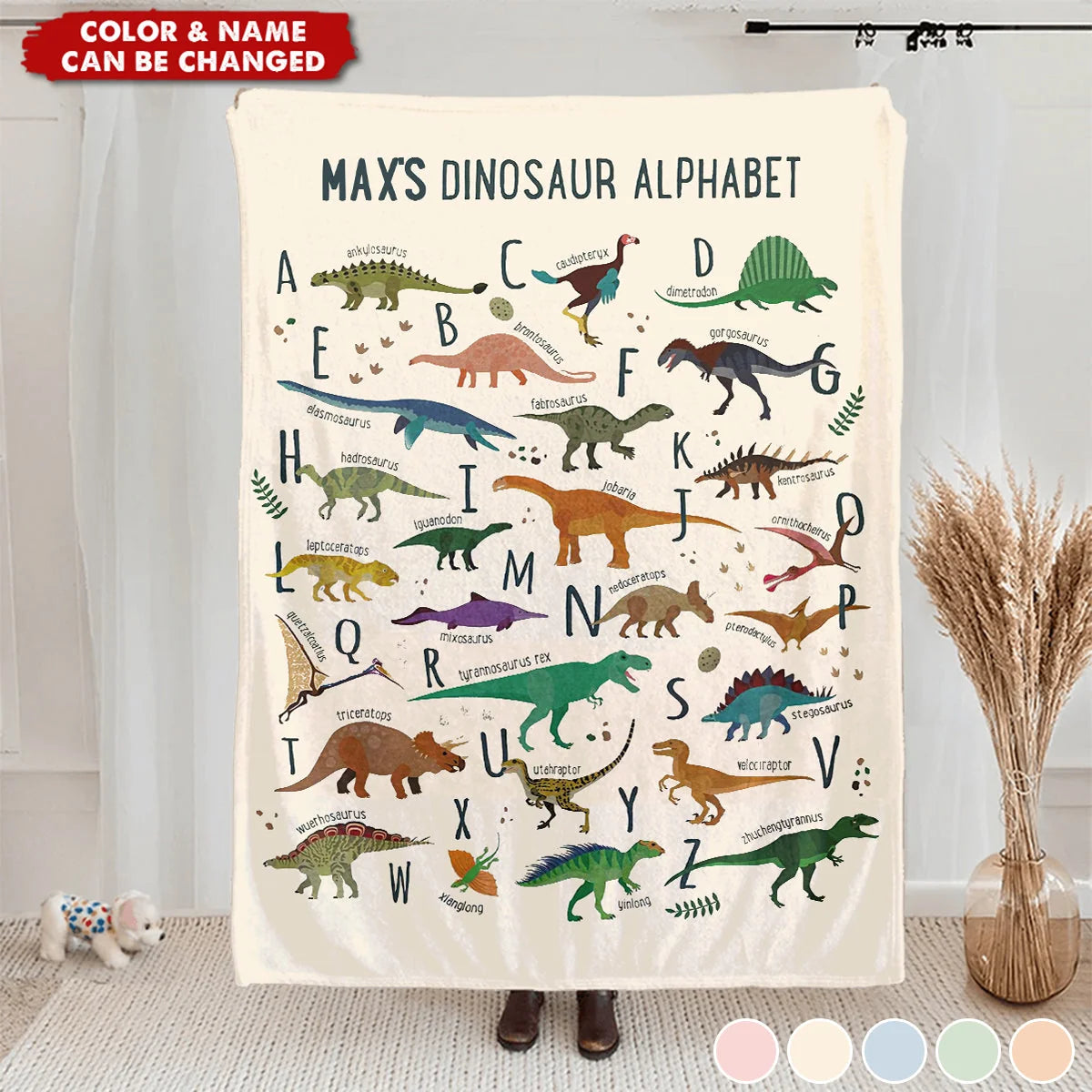 Personalized dinosaur alphabet blanket with custom name for kids and baby nursery gift