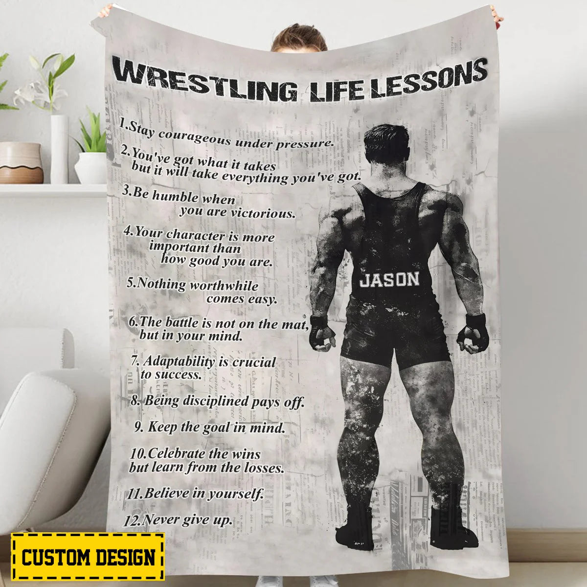 Personalized wrestling blanket with life lessons for boys and custom wrestler name print image 6