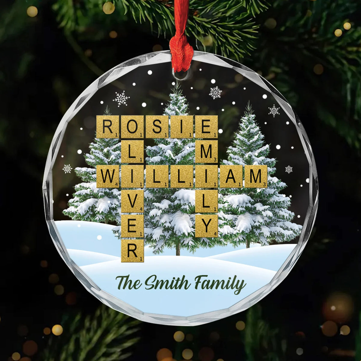 Family Crossword Puzzle Personalized Glass Ornament - Christmas Tree Holiday Keepsake for Family