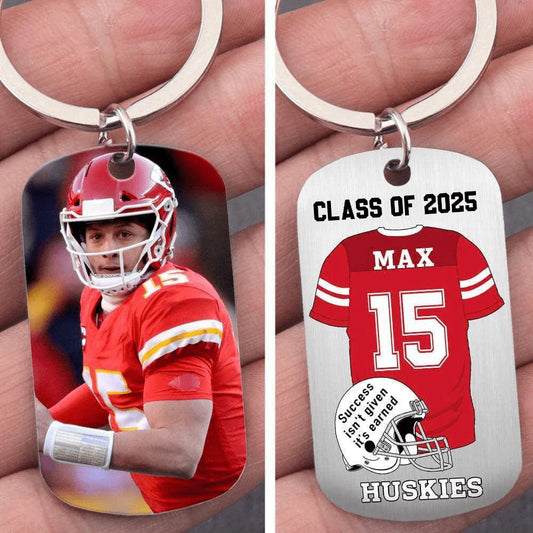 Personalized football graduation keychain with custom player photo jersey name and number for senior gift