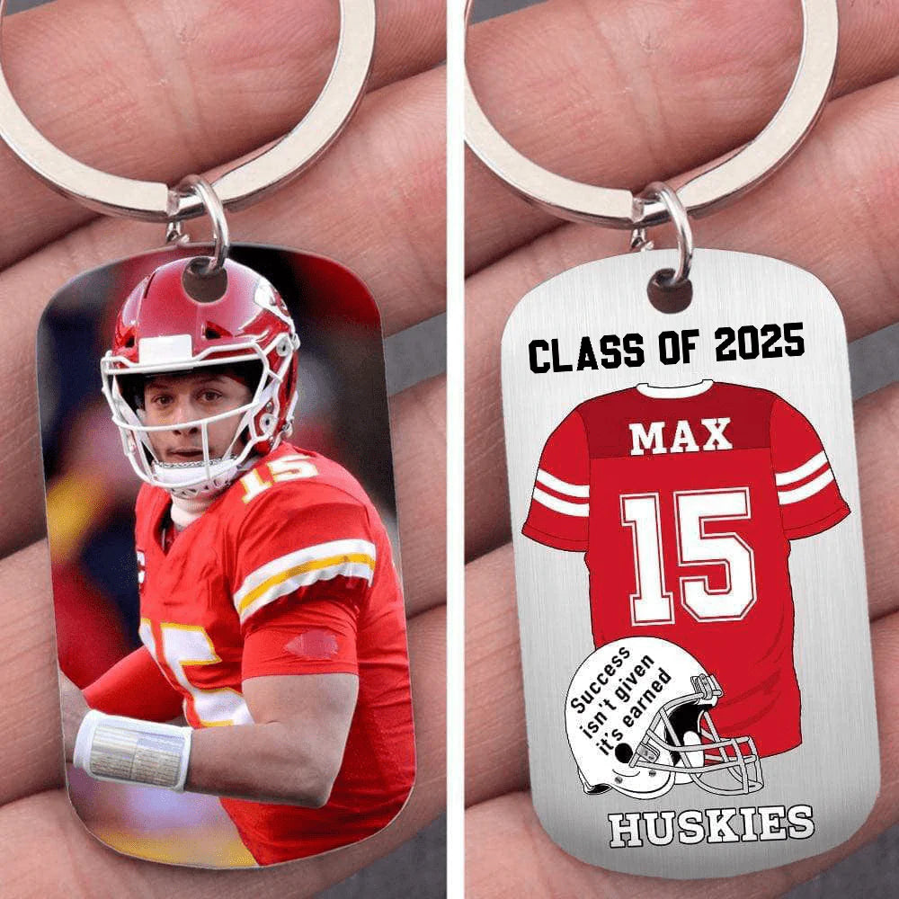 Personalized football graduation keychain with custom player photo jersey name and number for senior gift