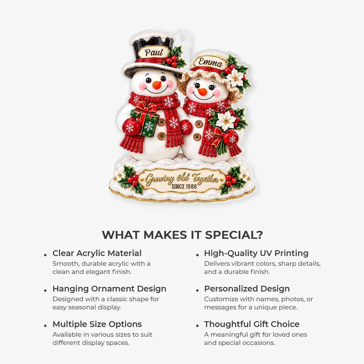 "Growing Old Together" Personalized Snowman Couple Acrylic Ornament - Anniversary for Husband & Wife