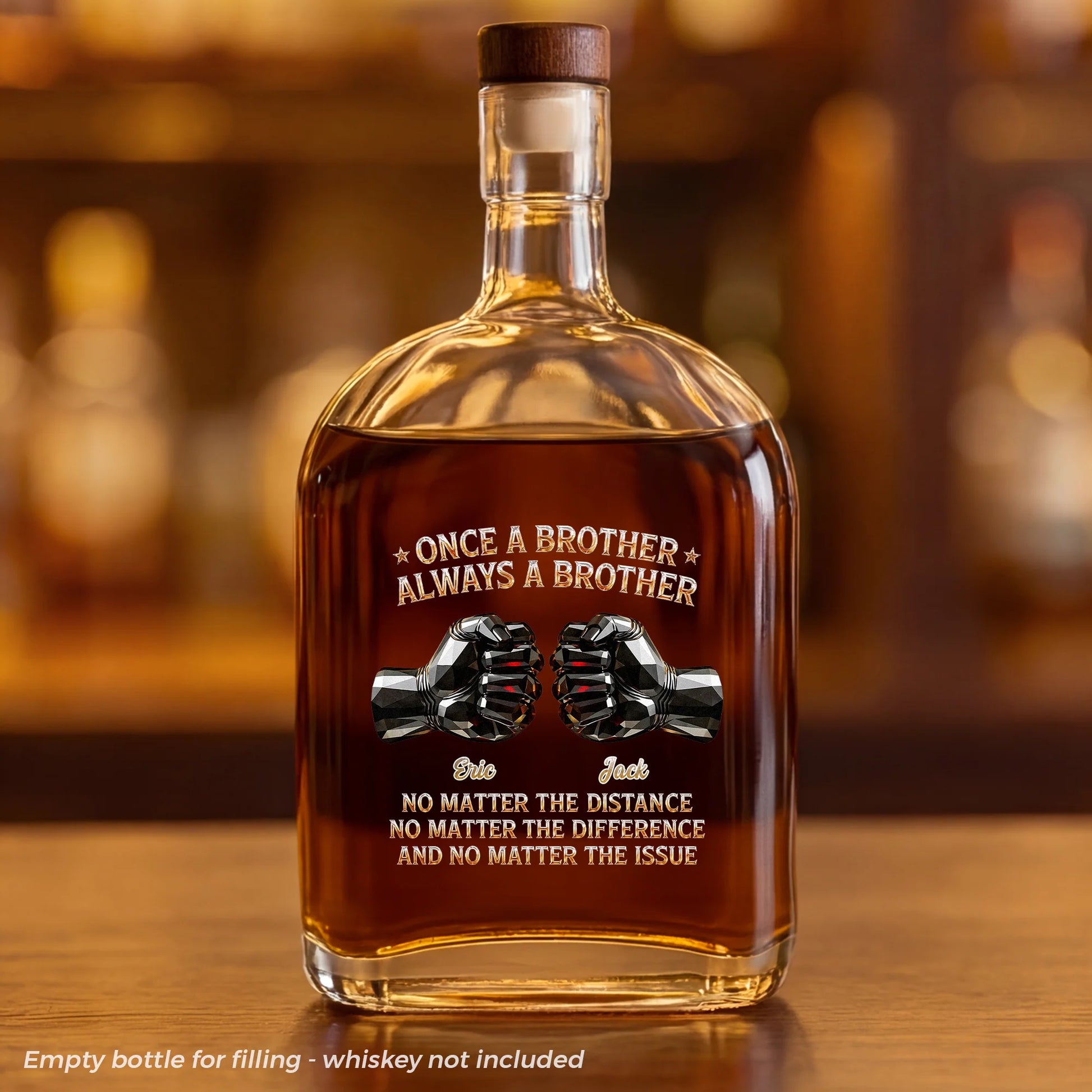 Custom whiskey bottle with fist bump design and personalized names for brother gift