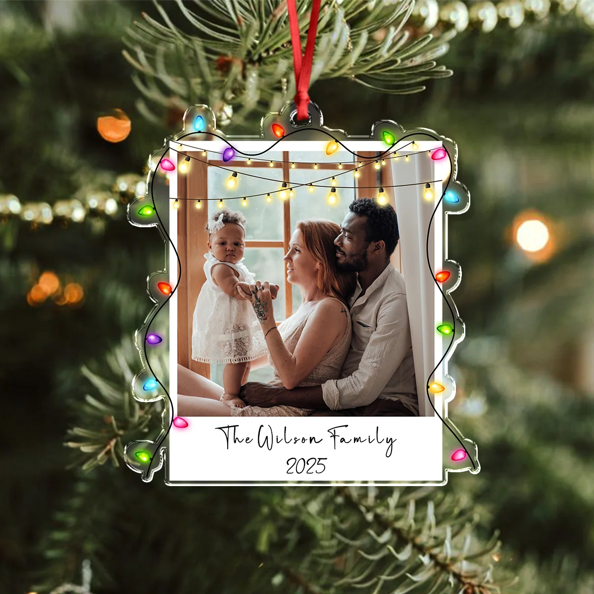 Custom Family Photo Christmas Light Acrylic Ornament - Personalized Holiday Keepsake Gift
