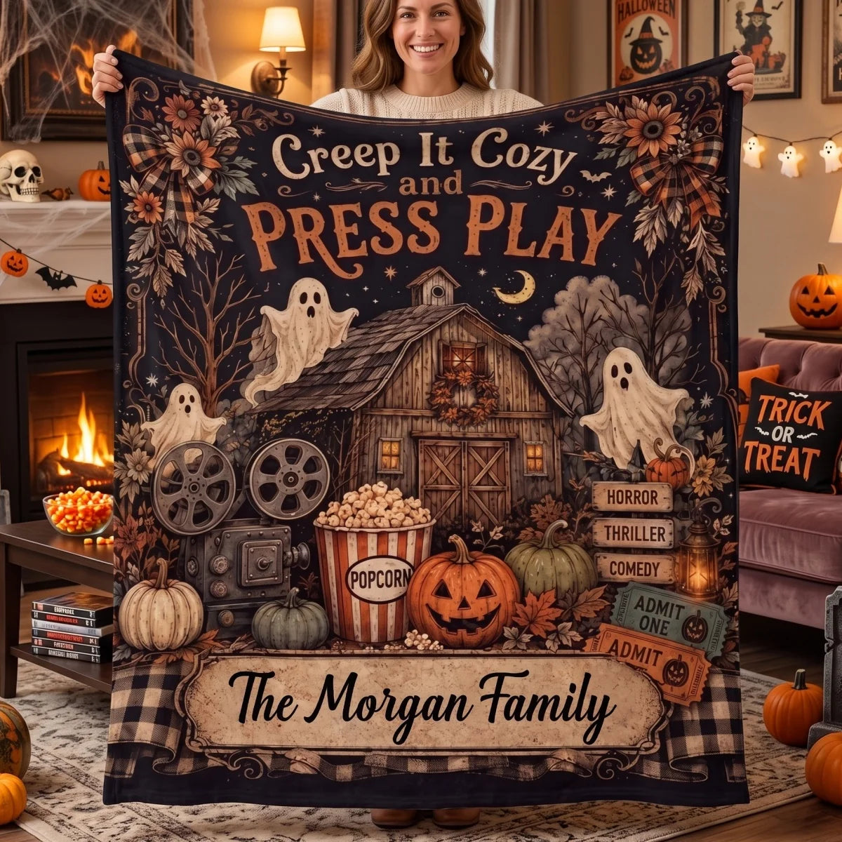 "Creep It Cozy and Press Play" Personalized Halloween Blanket - Custom Family Name Movie Night Throw Decor