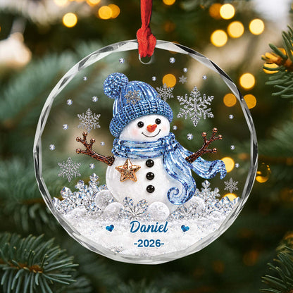 Custom Name Snowman Glass Ornament - Personalized Christmas Keepsake for Kids and Family