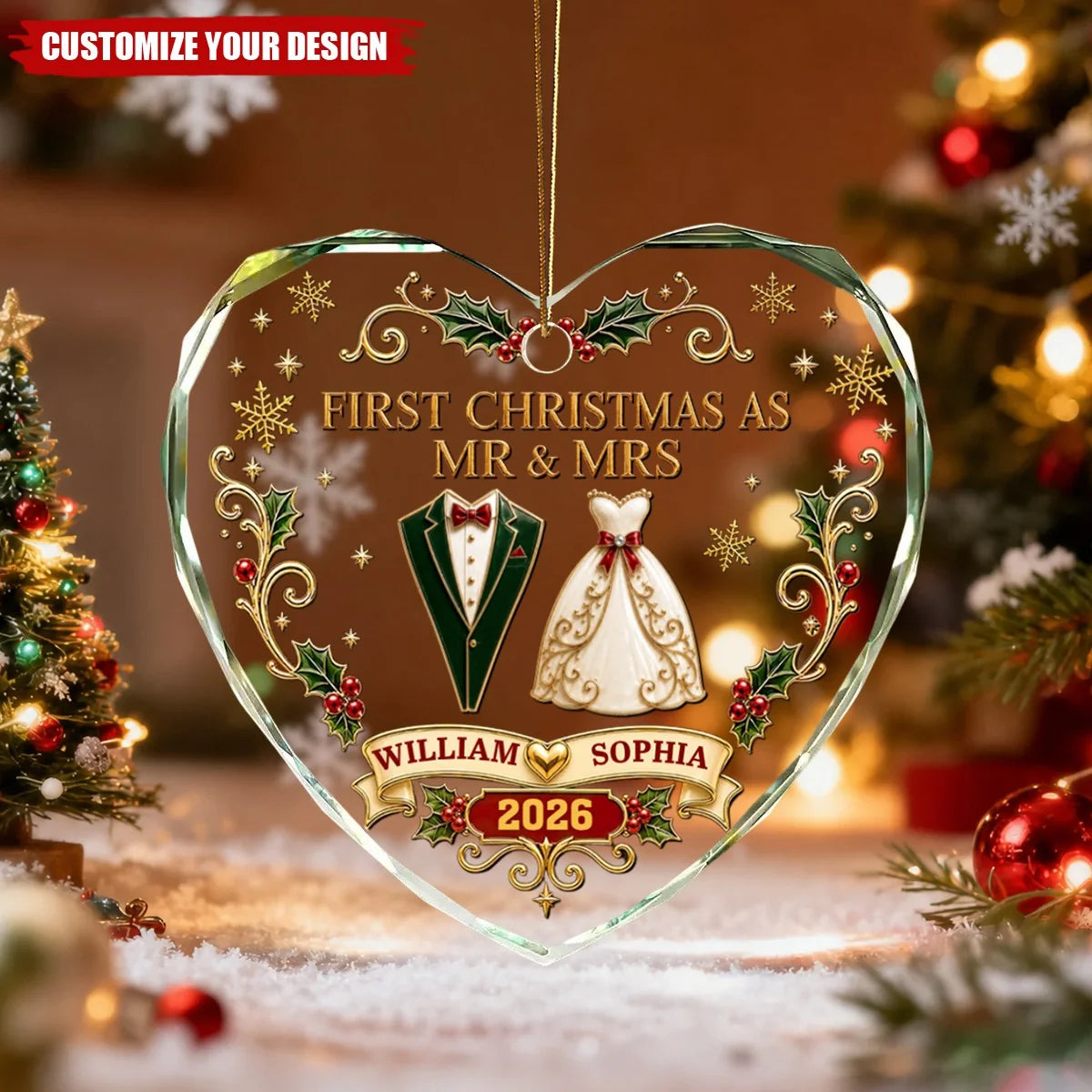 "First Christmas As Mr & Mrs" Personalized Glass Ornament - Keepsake for Newlywed Couples