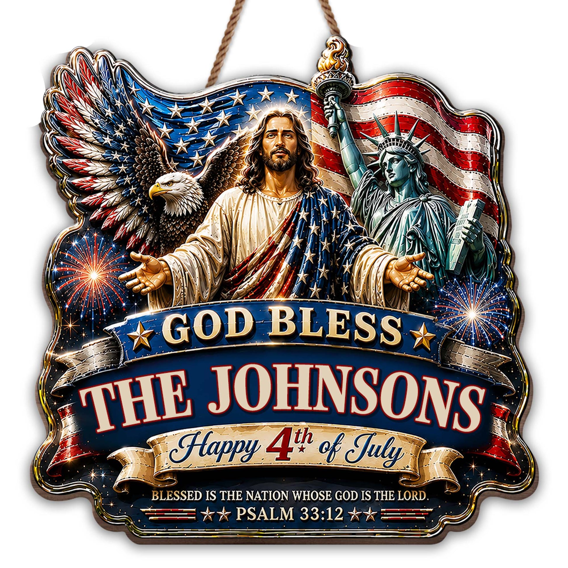 Custom family name wood sign with Jesus, American flag, eagle, and Statue of Liberty for 4th of July decor image 7
