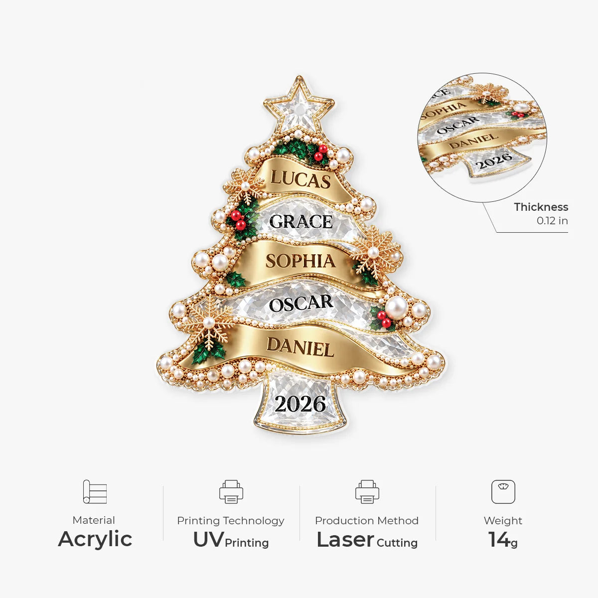 Custom Family Names Christmas Tree Acrylic Ornament - Personalized Holiday Keepsake Gift