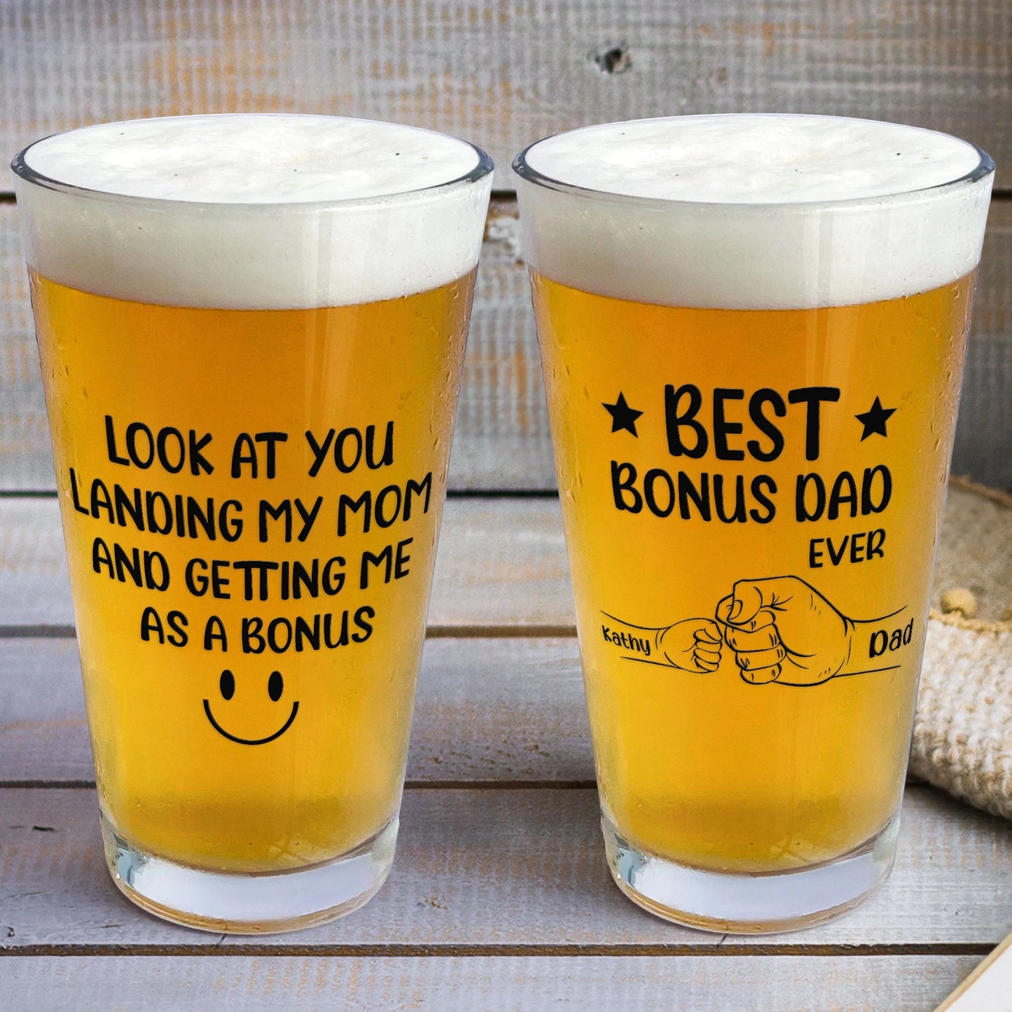 Personalized Bonus Dad Beer Glass personalization view for Dad
