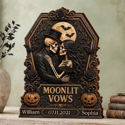 Moonlit Vows Skeleton Couple Personalized Wooden Block - Custom Halloween Wedding Anniversary Gift