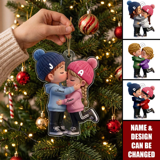 Custom Kissing Couple Christmas Ornament for Couples with personalized design details for meaningful gifting