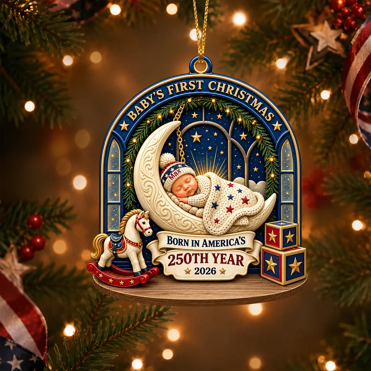 Baby's First Christmas 2026 Personalized Wood Ornament - Born in America's 250th Year Keepsake