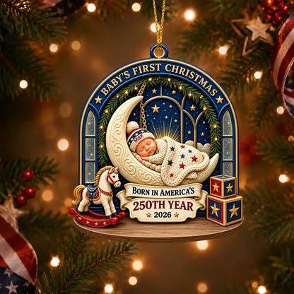 Baby's First Christmas 2026 Personalized Wood Ornament - Born in America's 250th Year Keepsake