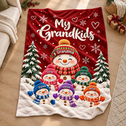My Grandkids Personalized Snowman Blanket with Names - Custom Grandma Christmas Gift Throw