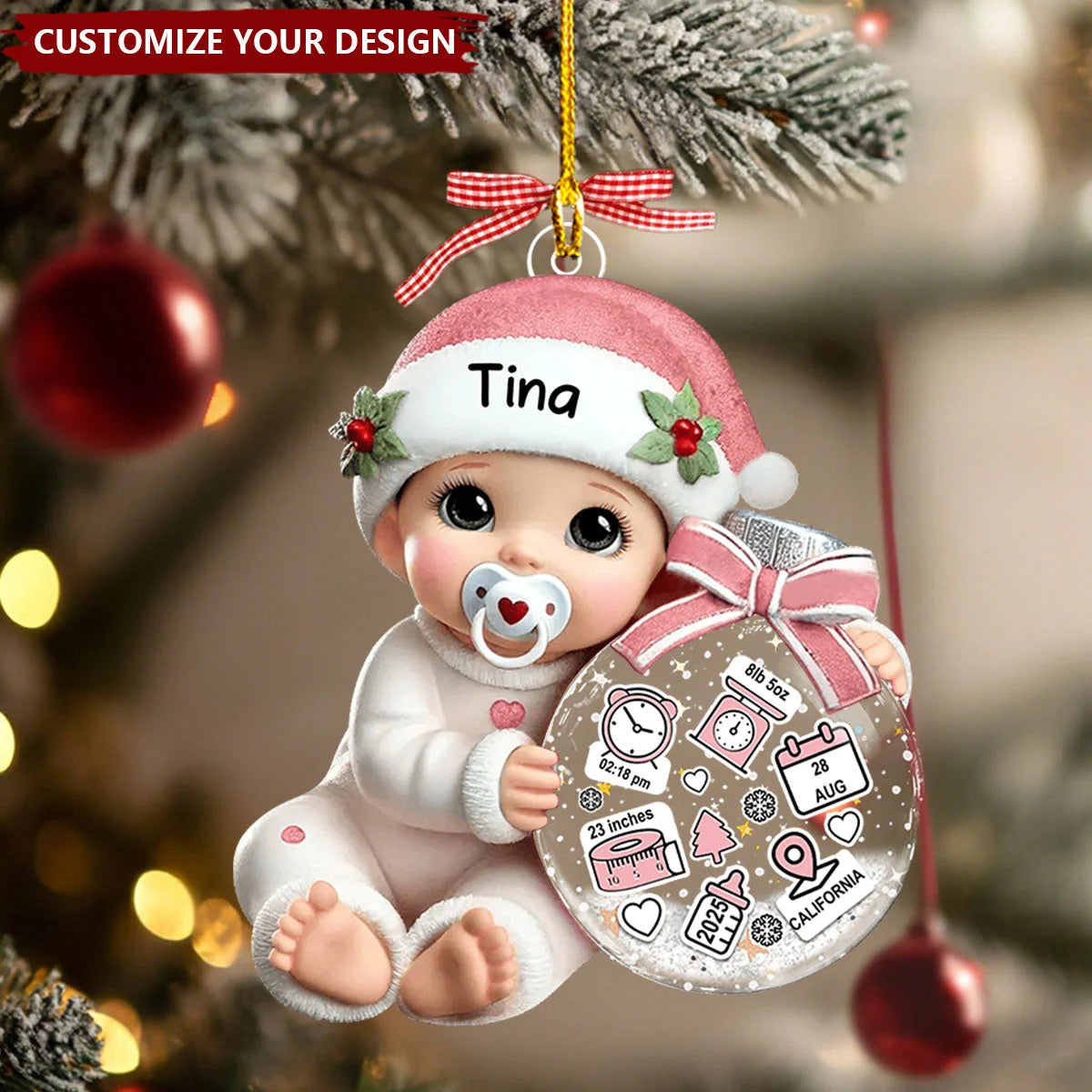 Baby’s First Christmas Personalized Birth Stats Acrylic Ornament - Custom Gift for New Mom