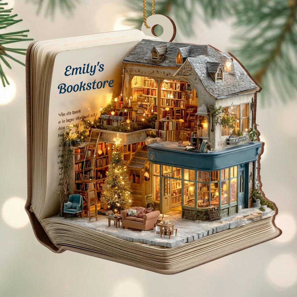 Cozy Bookstore Scene Personalized Wooden Ornament - Book Lovers Custom Holiday Gift