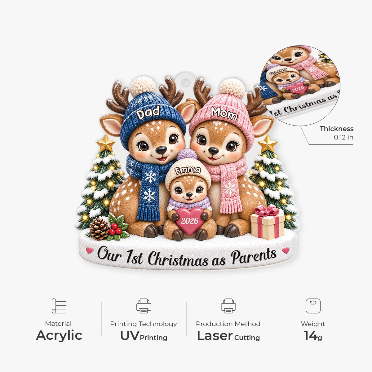"Our First Christmas as Parents" Deer Family Acrylic Ornament - Custom Gift for New Mom & Dad