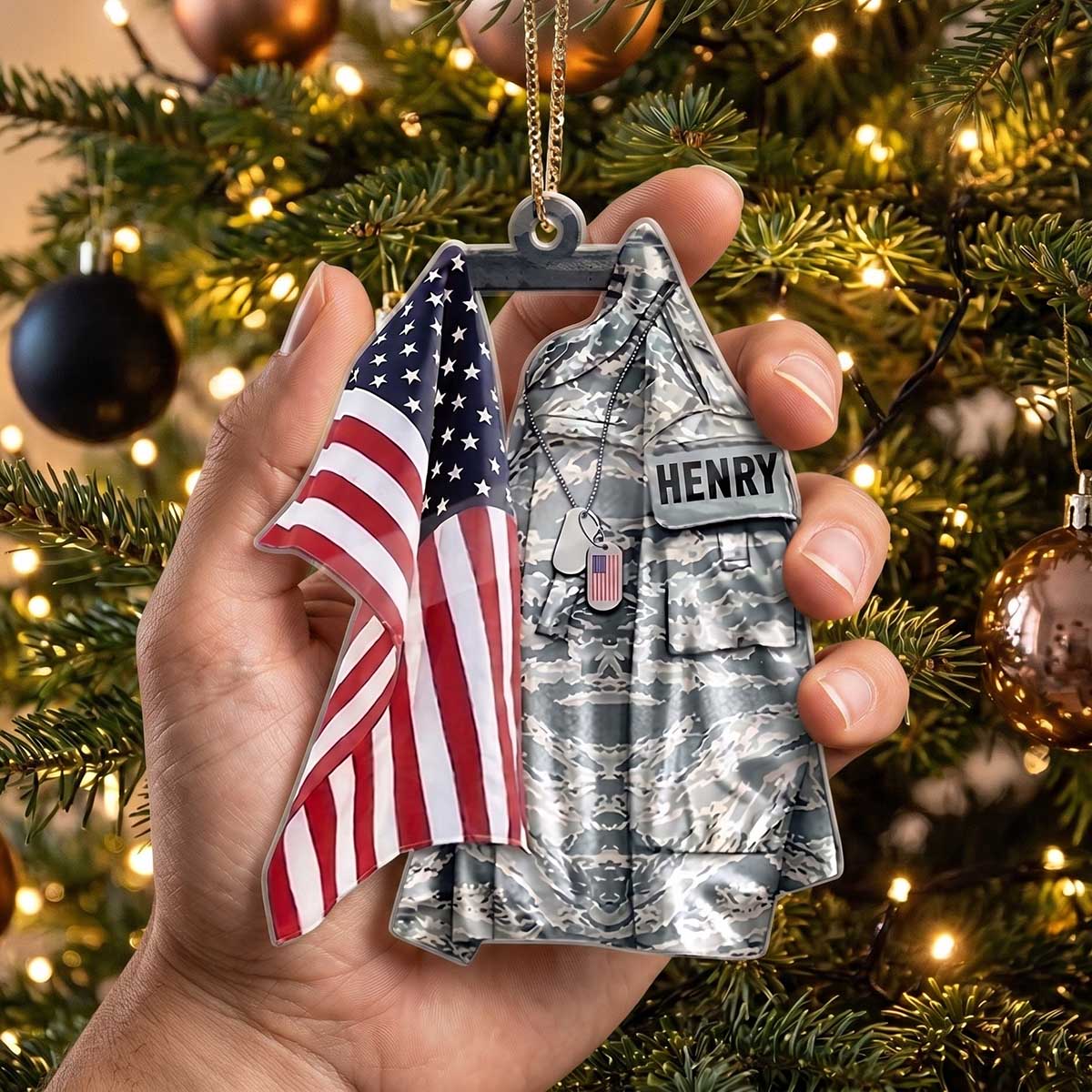 Personalized Military Uniform American Flag Acrylic Ornament - Custom Veteran Name Tag Keepsake