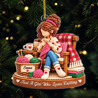 Just A Girl Who Loves Knitting Personalized Acrylic Ornament - Christmas Keepsake Gift for Mom Grandma