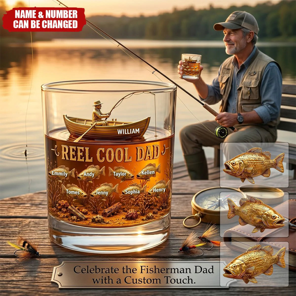Personalized fishing whiskey glass with custom name for Dad - unique 11oz gift for fishermen