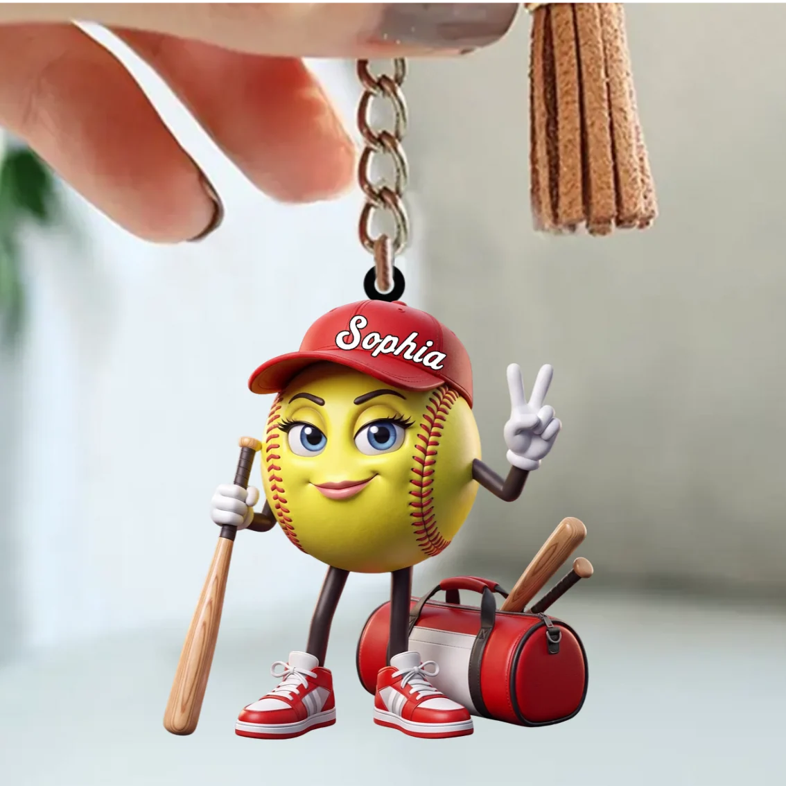 Cute V-Sign Mascot Personalized Baseball Acrylic Keychain - Custom Name Softball Bag Tag Gift